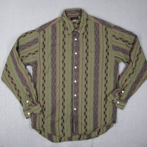 Yamato Mens Medium Rayon Button Down Shirt Green Striped Arrow Pattern Japan Vtg